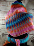 KALEIDOSCOPE Wool Striped Knitted Shawl "Watercolor" Boomerang Scarf | Medium | Pink Orange Blue | Free Shawl Pin