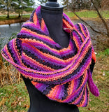 CHARMED Striped Knitted Shawl or Halloween Boomerang Scarf | Medium | Purple Orange Black | Free Shawl Pin