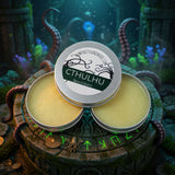 Two tins of Cthulhu Beard Balm on a fantasy-themed background with octopuses and mystical elements.