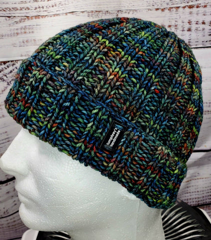 Men's Malabrigo Merino Wool Watch Cap "POTION" | Super Stretchy Knitted Winter Hat | Unisex | USA Made | Blue Green Brown