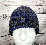 Men's Malabrigo Merino Wool Watch Cap "WARLOCK" | Super Stretchy Knitted Winter Hat | Unisex | USA Made | Blue Green Black