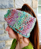 Women's Colorful Wool Blend Bulky Earwarmer | Thick Knitted Winter Headband | USA Made | Gray Purple Teal Pink | Messy Bun or Pony Tail Hat