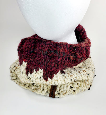 Bulky Burgundy and Beige Wool Blend Cowl | Unisex Fair Isle Hand Knitted Winter Scarf | USA Made