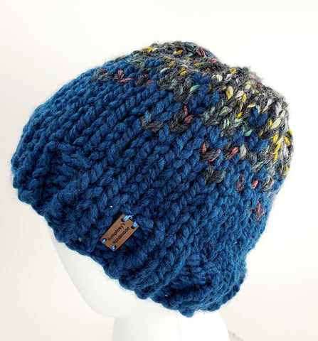 Bulky Blue Wool Blend Hat | Unisex Fair Isle Hand Knitted Winter Hat | USA Made | Blue Gray Multicolor