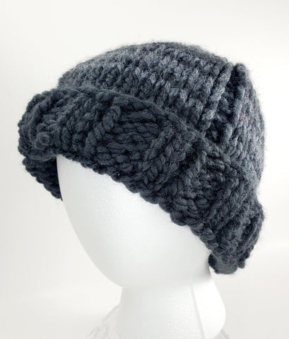 Bulky Black & Gray Wool Blend Hat | Unisex Fair Isle Hand Knitted Winter Hat | USA Made |