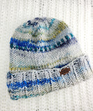 "STORMY OCEAN" Blue and Gray Kids Size Wool Blend Hat | Colorful Hand Knitted Winter Hat | USA Made | Blue Gray Green Yellow