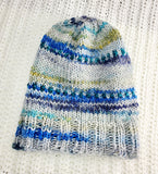 "STORMY OCEAN" Blue and Gray Kids Size Wool Blend Hat | Colorful Hand Knitted Winter Hat | USA Made | Blue Gray Green Yellow