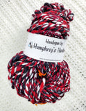 QUEEN OF HEARTS Handspun Yarn Hank - 53 Yards - Wool Yarn Skein - Spindle Spun Black, Red and White Art Yarn