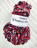 QUEEN OF HEARTS Handspun Yarn Hank - 53 Yards - Wool Yarn Skein - Spindle Spun Black, Red and White Art Yarn
