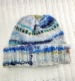 "STORMY OCEAN" Blue and Gray Unisex Wool Blend Hat | Colorful Hand Knitted Winter Hat | USA Made | Blue Gray Green Yellow