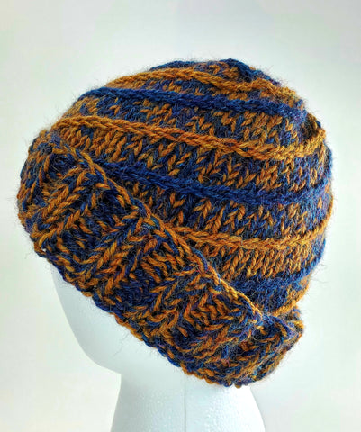 Men's "Spiral" Alpaca and Sheep 100% Wool Beanie | Hand Knitted Winter Hat | USA Made | Brown and Navy Blue