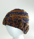 Men's "Spiral" Alpaca and Sheep 100% Wool Beanie | Hand Knitted Winter Hat | USA Made | Brown and Navy Blue
