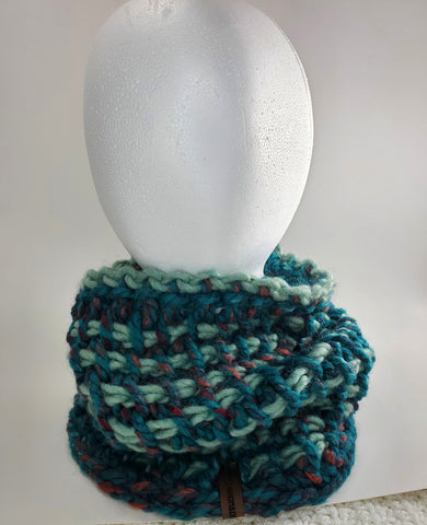 Women's Bulky Turquoise Wool Blend Cowl | Tunisian Crochet Winter Scarf | USA Made