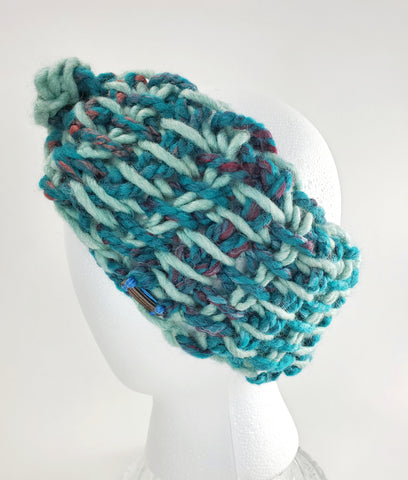 Women's Bulky Turquoise Wool Blend Earwarmer | Tunisian Crochet Winter Headband | USA Made | Teal Blue Turquoise