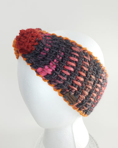 Women's "Sunset" Alpaca and Wool Blend Earwarmer | Tunisian Crochet Winter Headband | USA Made | Red Pink Orange