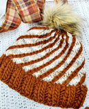 Women's Bulky Brown "Spiral" Wool Blend Beanie | Hand Knitted Winter Hat | USA Made | Brown and Natural Colors