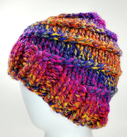 Women's Bulky "Bright Rainbow Spiral" Wool Blend Beanie | Hand Knitted Winter Hat | USA Made