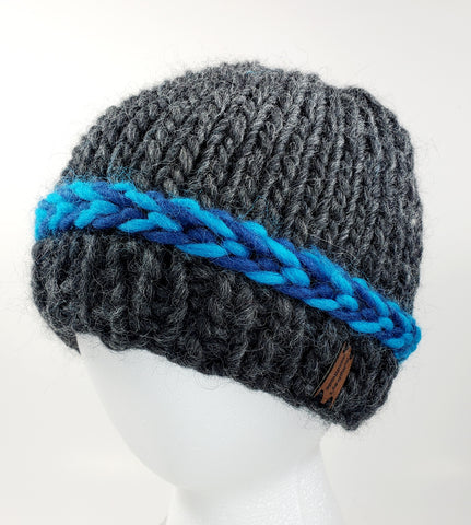 Unisex Bulky Wool Latvian Braid Beanie | Gray Blue Turquoise | Hand Knitted Winter Hat | Ohio USA Made