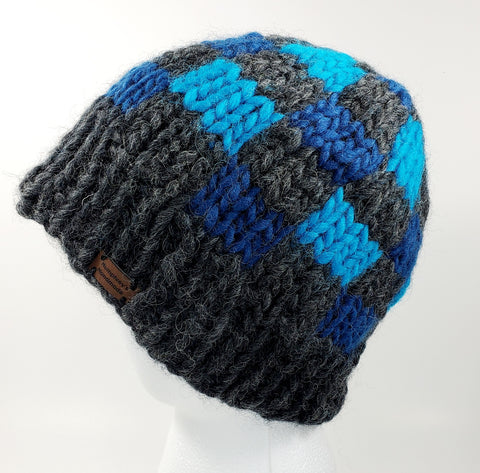 Unisex Bulky Wool BLUE PLAID Beanie | Gray Blue Turquoise | Hand Knitted Winter Hat | Ohio USA Made