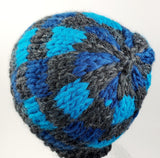 Unisex Bulky Wool BLUE PLAID Beanie | Gray Blue Turquoise | Hand Knitted Winter Hat | Ohio USA Made