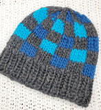 Unisex Bulky Wool BLUE PLAID Beanie | Gray Blue Turquoise | Hand Knitted Winter Hat | Ohio USA Made