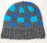 Unisex Bulky Wool BLUE PLAID Beanie | Gray Blue Turquoise | Hand Knitted Winter Hat | Ohio USA Made
