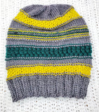 Men's GRAY, GREEN & YELLOW Alpaca and Wool Hat | Mega Stretchy Knitted Winter Beanie | Unisex | Ohio USA Made