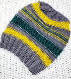 Men's GRAY, GREEN & YELLOW Alpaca and Wool Hat | Mega Stretchy Knitted Winter Beanie | Unisex | Ohio USA Made