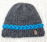 Unisex Bulky Wool Latvian Braid Beanie | Gray Blue Turquoise | Hand Knitted Winter Hat | Ohio USA Made