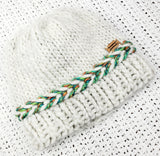 Women's Bulky Wool Latvian Braid Beanie | White Green Orange | Hand Knitted Winter Hat | Ohio USA Made