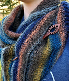 Bohemian Striped Knitted Lace Shawl or Triangle Scarf | Medium | Blue Orange Gray Yellow | Free Shawl Pin