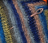 Bohemian Striped Knitted Lace Shawl or Triangle Scarf | Medium | Blue Orange Gray Yellow | Free Shawl Pin