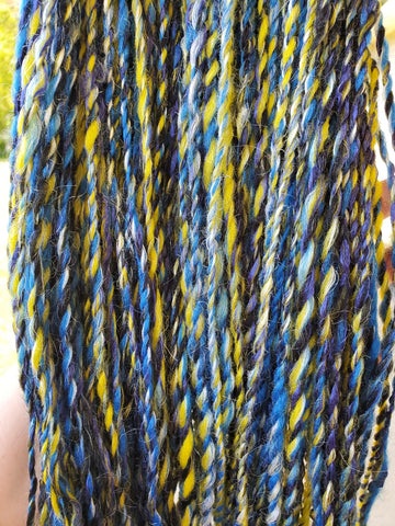 STARRY NIGHT Handspun Yarn Hank - 140 Yards #4 Worsted- Blue Yellow White Black Wool Bamboo Nylon Yarn Skein